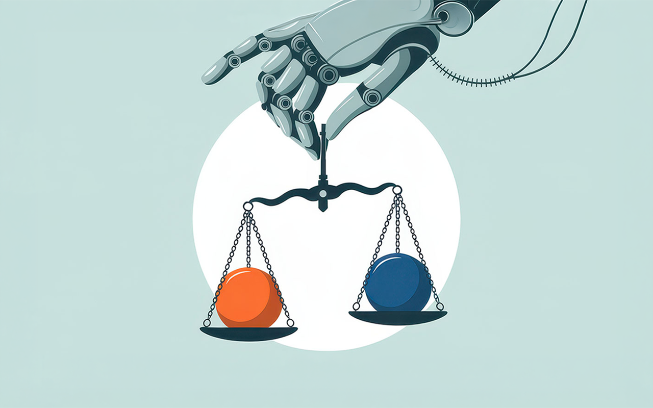 Digital image showing a robot hand holding scales.