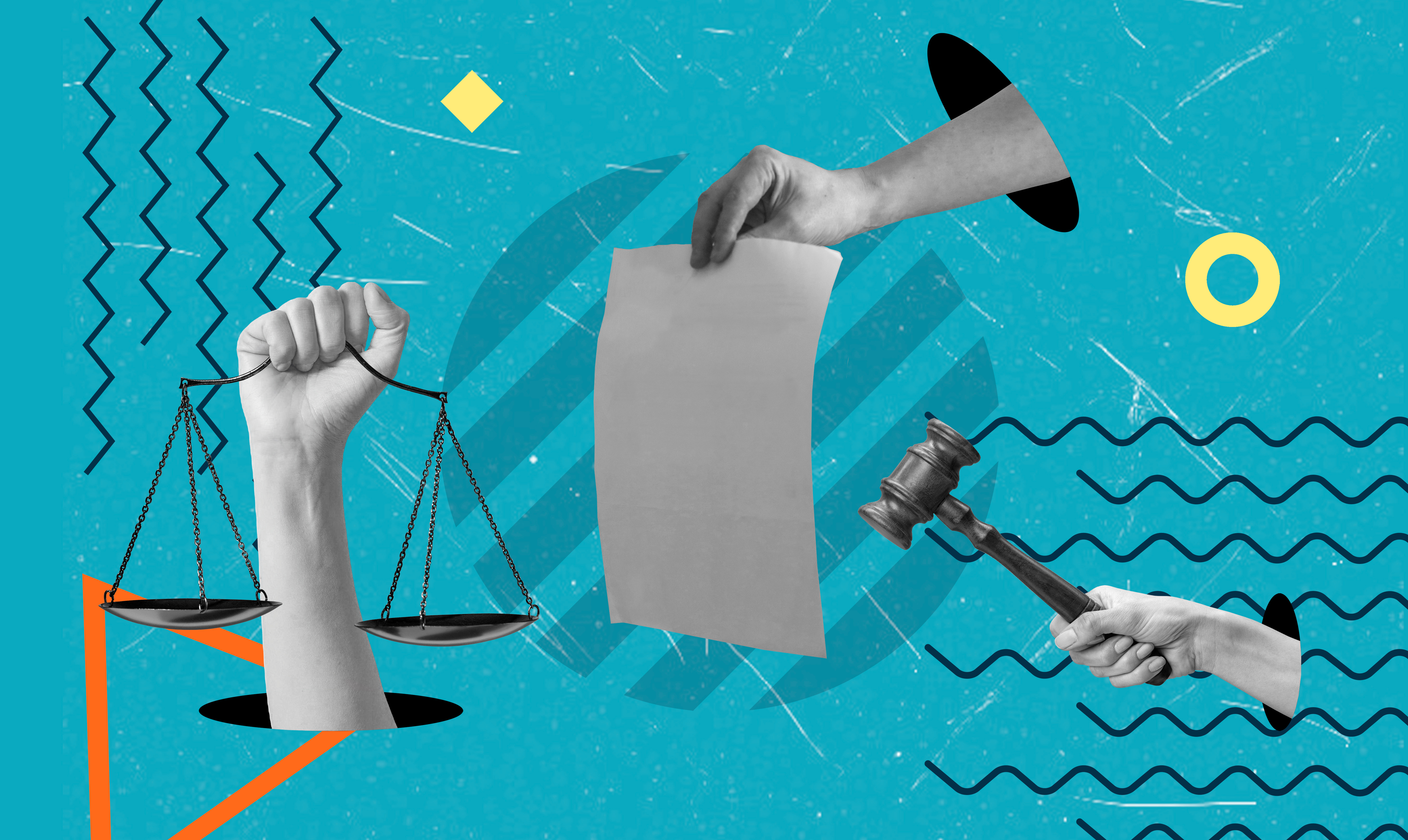 Hands are shown holding a scale and a gavel while another hand presents a blank paper. The background features bright blue with geometric shapes.