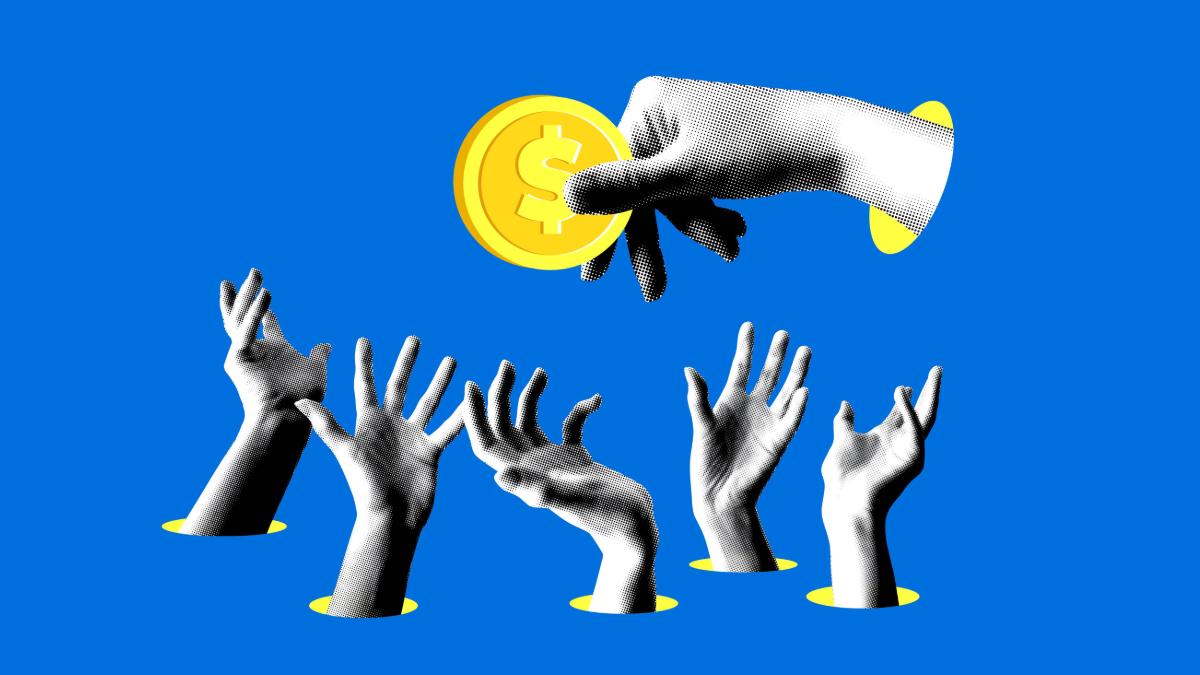 Contemporary collage of large halftone hand.