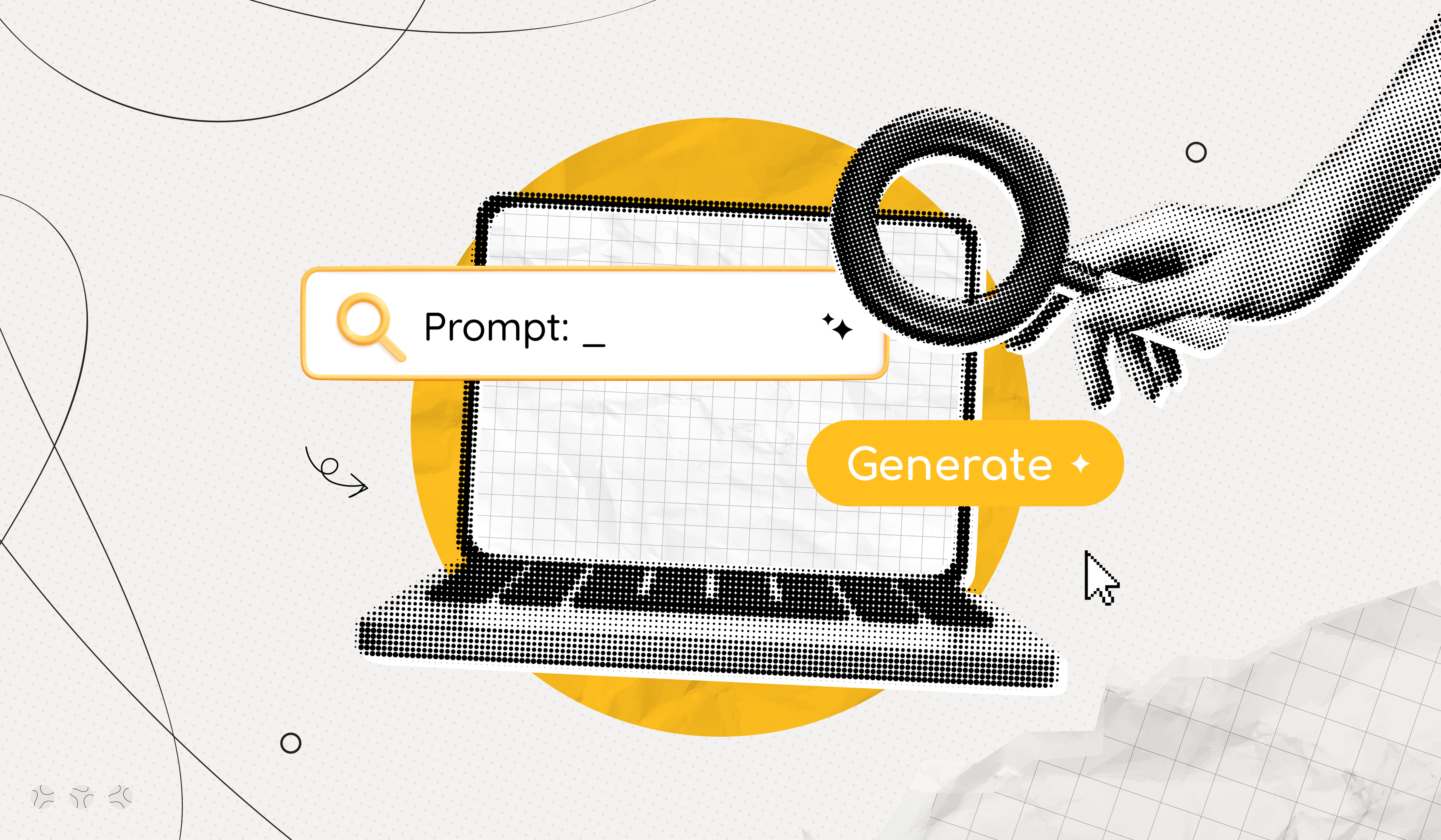 Collage Computer Laptop with Artificial intelligence chat. Promt for generation. Hand with magnifying glass searches in web browser. Contemporary vector illustration art