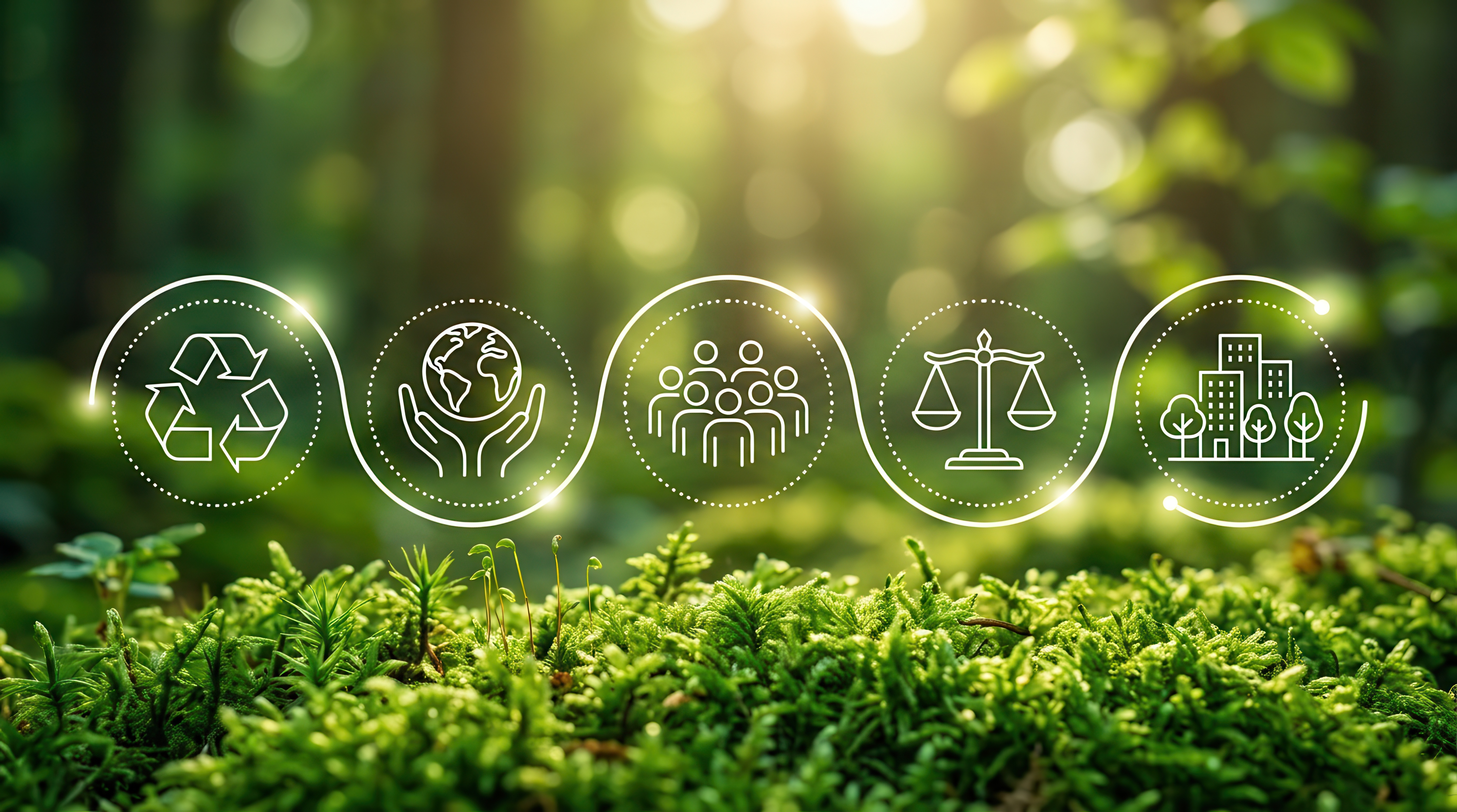 Sustainability and CSR concept showing social and environmental icons on a natural moss surface.