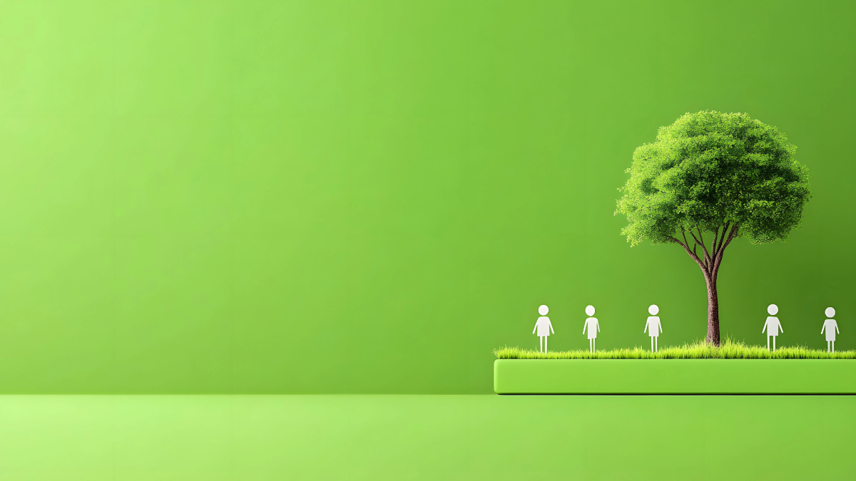 Green background with a platform that has a tree with paper people standing beneath it.
